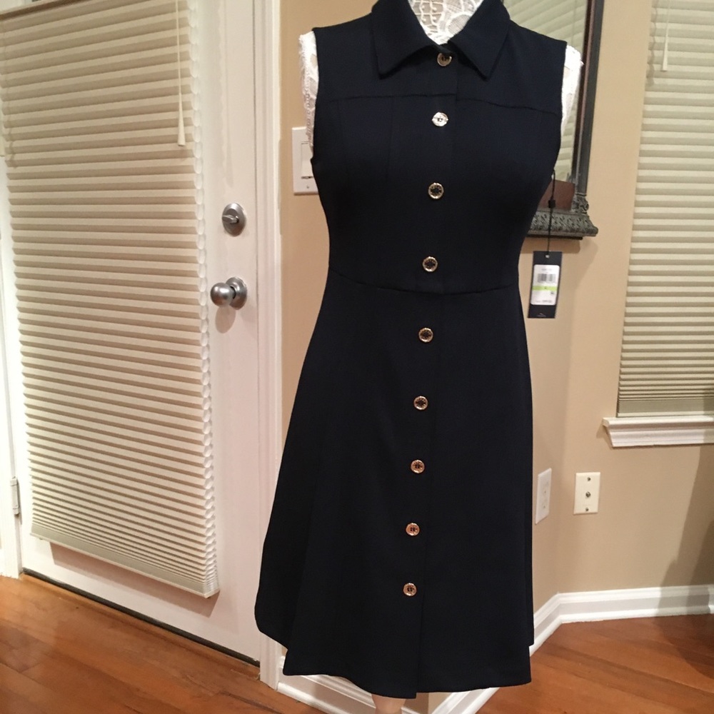 Tommy Hilfiger sleeveless navy dress with collar.